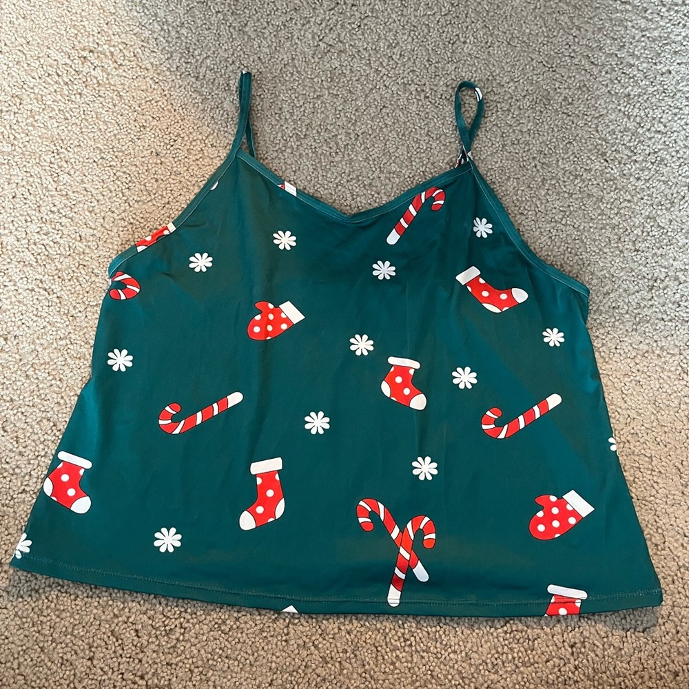 Festive Green Camisole with Holiday Print XL
